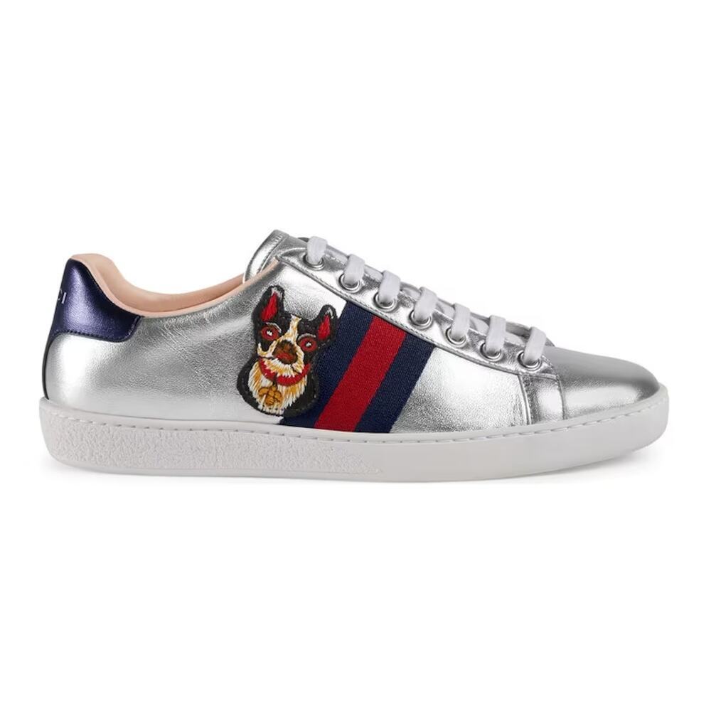 NIB Gucci Womens Silver Leather Ace Embroidered Web Low Top Sneakers Size 34